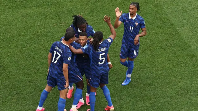 Kylian Mbappe #10 of France celebrates with teammates after scoring his team's first goal during the FIFA World Cup 2026 Group I match between France and Iraq at Philadelphia Stadium on June 22, 2026 in Philadelphia, Pennsylvania. (