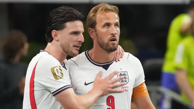 Harry Kane and Declan Rice of England celebrate the first goal during the FIFA World Cup 2026 Group L match between England and Croatia at Dallas Stadium on June 17, 2026 in Dallas, Texas.