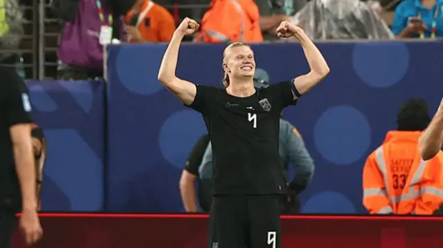 Erling Braut Haaland celebrates scoring his team's second goal during the 2026 World Cup Group I football match between Norway and Senegal