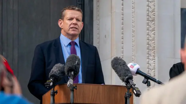 First Minister Rhun ap Iorwerth speaks on the steps of the Welsh Government building in Cardiff - May 13, 2026