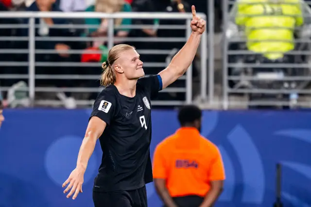 Erling Haaland of Norway celebrates 2-0 during the World Cup match between Norway v Senegal at the New York/New Jersey Stadium