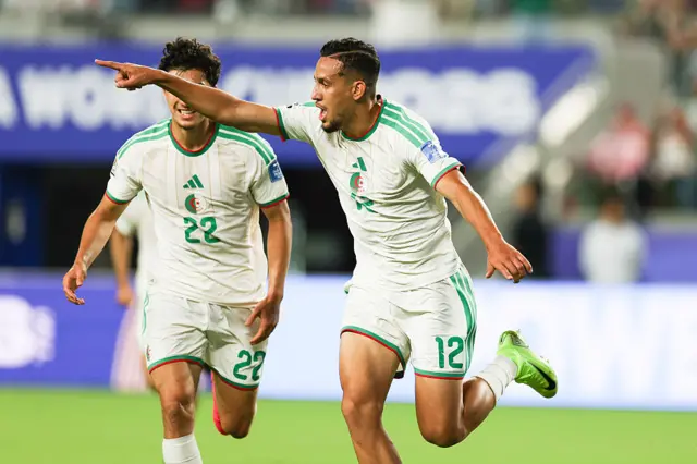 Nadhir Benbouali #12 of Algeria celebrates after scoring his team's first goal during the FIFA World Cup 2026 Group J match between Jordan and Algeria