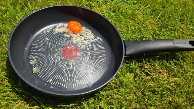 Partly fried egg in frying pan on grass