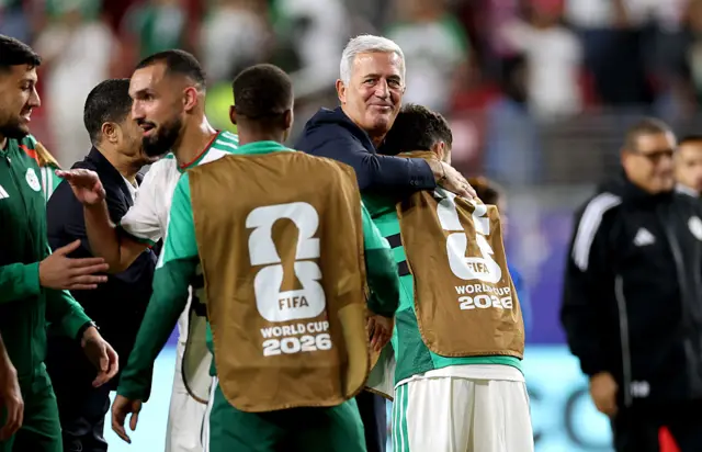 Vladimir Petkovic, Head Coach of Algeria, celebrates with his players after the 2-1 win during the FIFA World Cup 2026 Group J match between Jordan and Algeria
