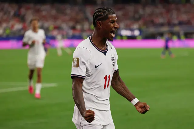 Marcus Rashford celebrates after scoring against Croatia.