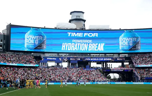 General view inside the stadium as the LED screen displays