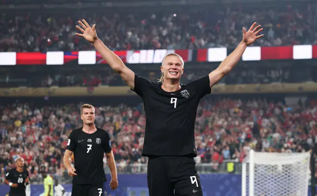 Erling Haaland #9 of Norway celebrates scoring his team's second goal during the FIFA World Cup 2026 Group I match between Norway and Senegal