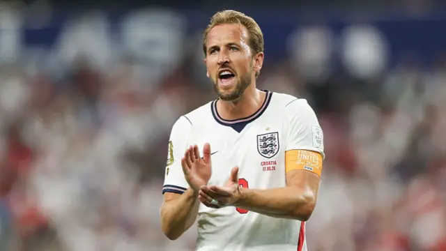 Harry Kane #9 of England reacts during the FIFA World Cup 2026 Group L match between England and Croatia at Dallas Stadium on June 17, 2026 in Dallas, Texas