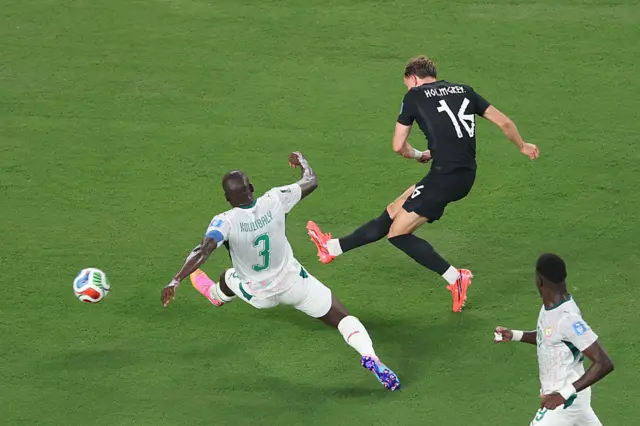 Marcus Holmgren Pedersen #16 of Norway scores his team's first goal during the FIFA World Cup 2026 Group I match between Norway and Senegal