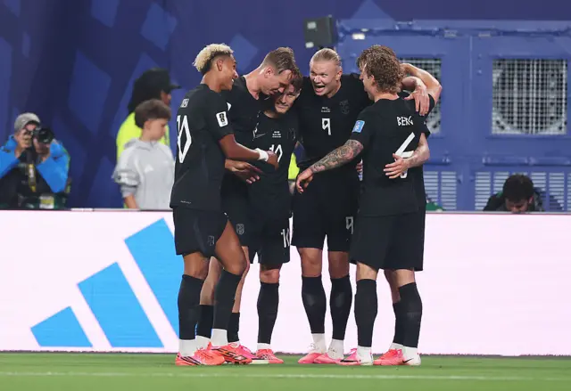 Erling Haaland #9 of Norway celebrates with teammates after scoring the team's third goal during the FIFA World Cup 2026 Group I match between Norway and Senegal