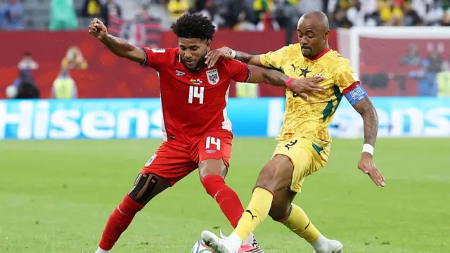 Carlos Harvey #14 of Panama and Jordan Ayew #9 of Ghana compete for the ball during the FIFA World Cup 2026 Group L match between Ghana and Panama at Toronto Stadium on June 17, 2026 in Toronto, Ontario