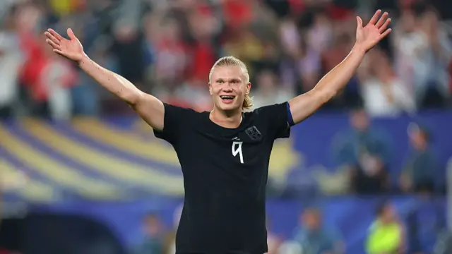 Erling Haaland #9 of Norway celebrates a goal by Marcus Holmgren Pedersen #16 of Norway(not pictured) during the first half of the FIFA World Cup 2026 Group I Match between Norway and Senegal on June 22, 2026 at New York/New Jersey Stadium in East Rutherford, New Jersey.