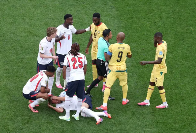 Harry Kane #9 of England lies on the pitch