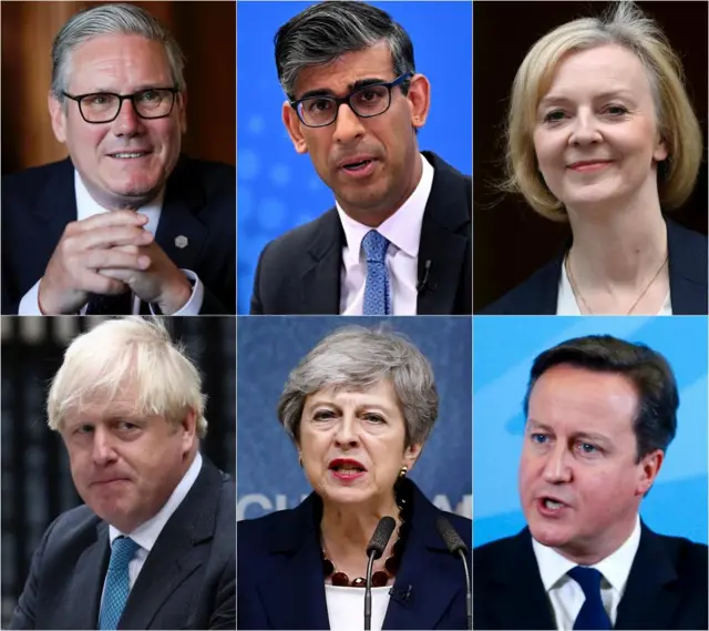 A composite image shows the faces of Keir Starmer, Rishi Sunak, Liz Truss, Boris Johnson, Theresa May and David Cameron.