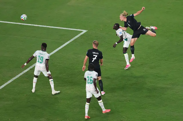 Erling Haaland #9 of Norway attempts a header against El Hadji Malick Diouf #25 of Senegal during the FIFA World Cup 2026 Group I match between Norway and Senegal