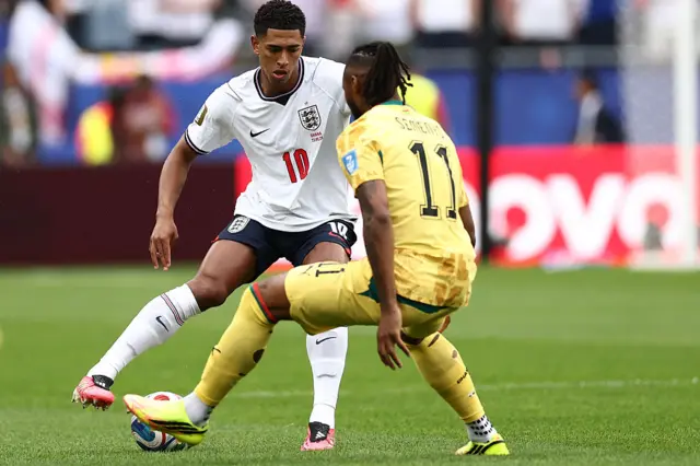 England midfielder Jude Bellingham takes on Ghana's Antoine Semenyo