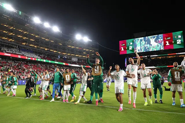 Algeria players applaud fans after the 2-1 win during the FIFA World Cup 2026 Group J match between Jordan and Algeria at San Francisco Bay Area Stadium