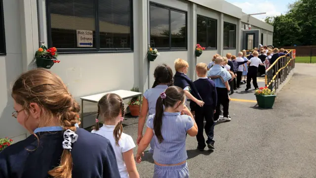 A line of children in blue, white and gingham school uniforms walk into a classroom from a tarmac yard.