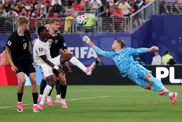 Orjan Nyland #1 of Norway makes a save against Nicolas Jackson #11 of Senegal during the FIFA World Cup 2026 Group I match between Norway and Senegal