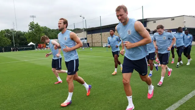 Harry Kane #9 and Dan Burn #15 of England train during an England Training Session during an England FIFA World Cup 2026 Camp on June 22, 2026 in Kansas City, Kansas.