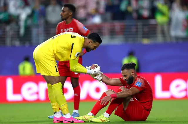 Yazeed Abulaila #1 and Yazan Alarab #5 of Jordan react after the 1-2 loss during the FIFA World Cup 2026 Group J match between Jordan and Algeria