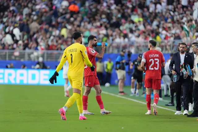 Players of Jordan are seen at the hydration break during the 2026 FIFA World Cup First Stage Group J match between Jordan and Algeria at Levi's Stadium