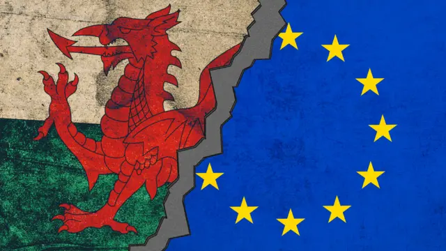 A Welsh national flag and a European Union flag