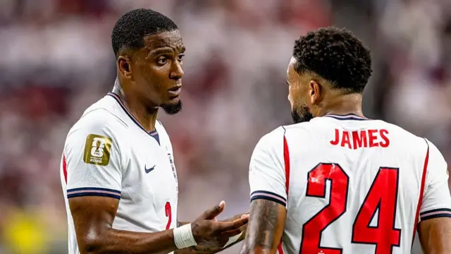 Ezri Konsa of England and Reece James of England during the 2026 World Cup at AT&T Stadium in Dallas, United States, on June 17, 2026.