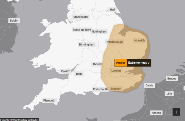 A Met Office graphic showing the amber alert for extreme heat, covering London, the south east, and east of England.