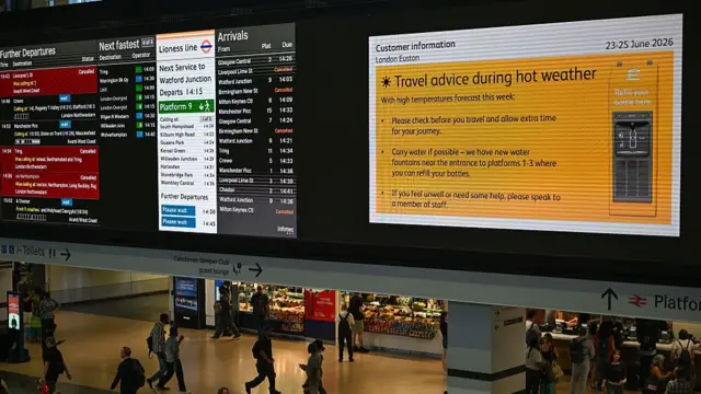 Information about travel advice during hot weather at Euston railway station during a heat wave
