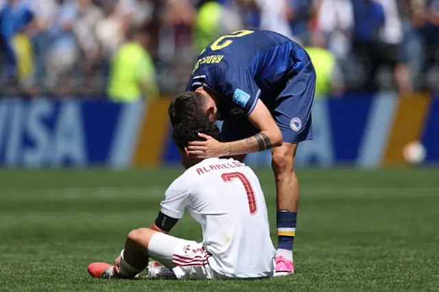 Stjepan Radeljic #21 of Bosnia and Herzegovina reacts with Ahmed Alaaeldin