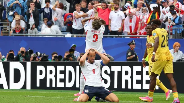 Harry Kane #9 of England reacts after missing on a scoring opportunity during the FIFA World Cup 2026 Group L match between England and Ghana on June 23, 2026, at Boston Stadium in Foxborough, MA