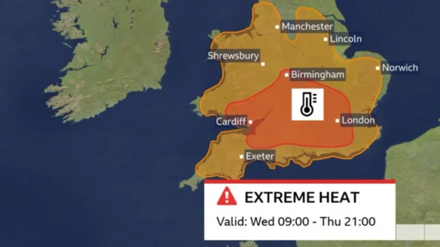 A map of the UK which shows where the amber and red warnings are