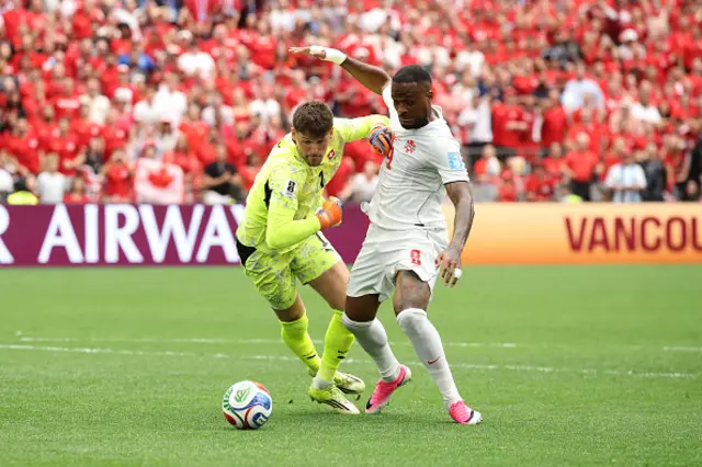 Gregor Kobel #1 of Switzerland blocks Cyle Larin