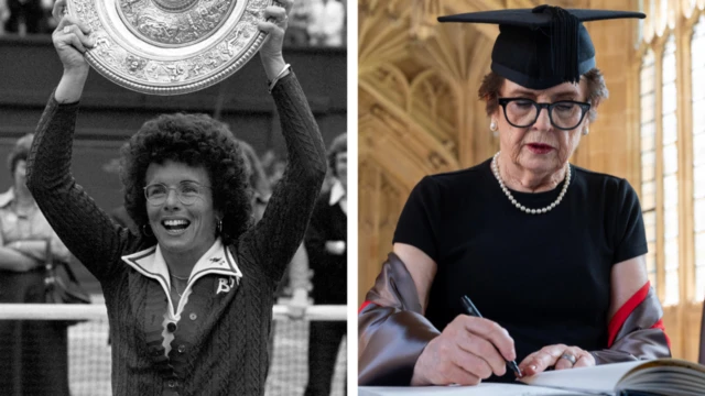Composite image. On the left is a file photo dated 4-07-1975 of American tennis player Billie Jean King holding aloft the Wimbledon Women's Singles trophy. On the right is her signing the honorary degree list on Wednesday.