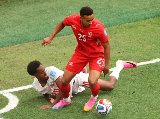 Luca Jaquez of Switzerland controls the ball against Ali Ahmed