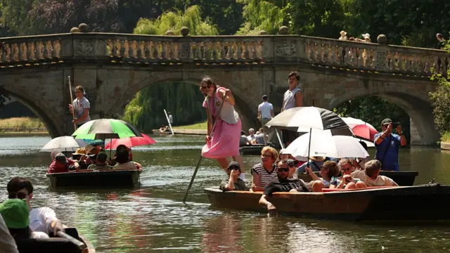 Several punt rides across a river in Cambridge. Many people aboard the boats are holding umbrellas to shield themselves from the sun.