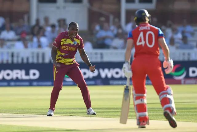 Chinelle Henry celebrating Amy Jones' wicket