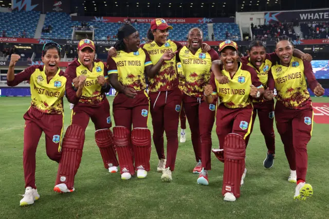West Indies celebrate beating England at the 2024 edition of the Women's T20 World Cup