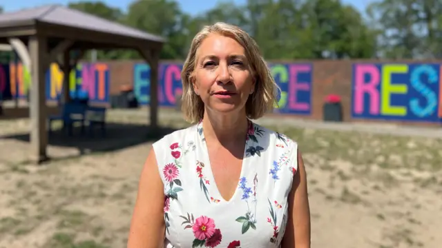 Jayne McLaren in the school yard