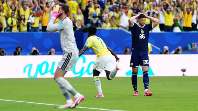 Vinicius Jnr scores for Brazil against Scotland