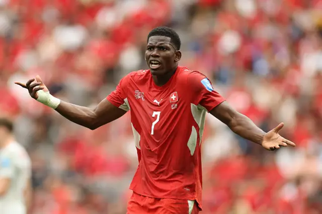 Breel Embolo  of Switzerland reacts
