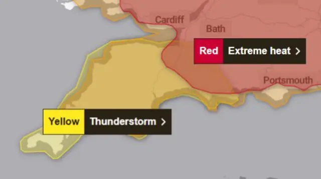 A graphic showing parts of Cornwall and Devon on a map highlighted over in yellow, showing where the thunderstorm warning will cover