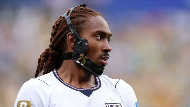 Djed Spence #25 of England looks on during the FIFA World Cup 2026 Group L match between England and Ghana at Boston Stadium on June 23, 2026 in Foxborough, Massachusetts.