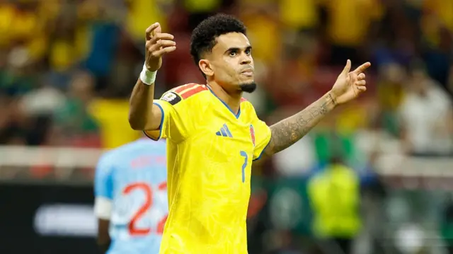 Colombia's forward Luis Diaz reacts to a missed chance during the 2026 World Cup Group K football match between Colombia and Democratic Republic of Congo.