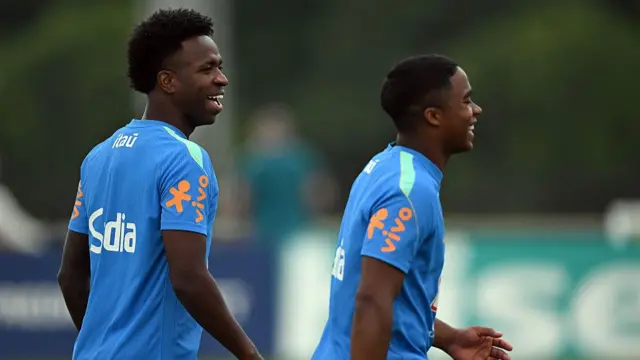 Brazil's forward #07 Vinicius Junior (L) takes part in a training session at the Columbia Park Training Facility in Morristown, New Jersey on June 22, 2026, during the 2026 World Cup football tournament