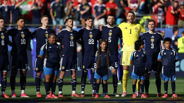 Players of Scotland line up for the national anthem before the FIFA World Cup 2026 Group C match between Scotland and Morocco at Boston Stadium on June 19, 2026 in Foxborough, Massachusetts.