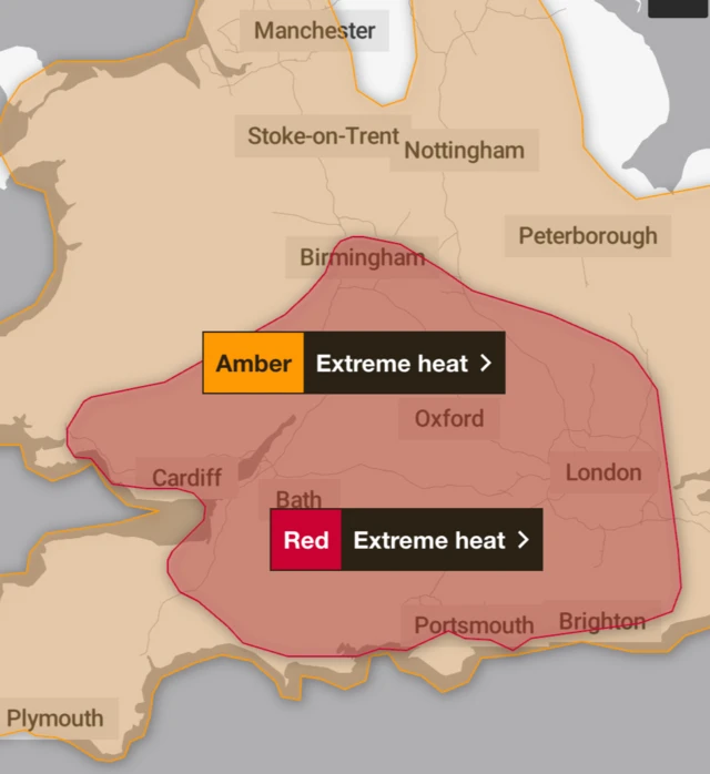 The Met Office red extreme heat warning has been pushed slightly further south