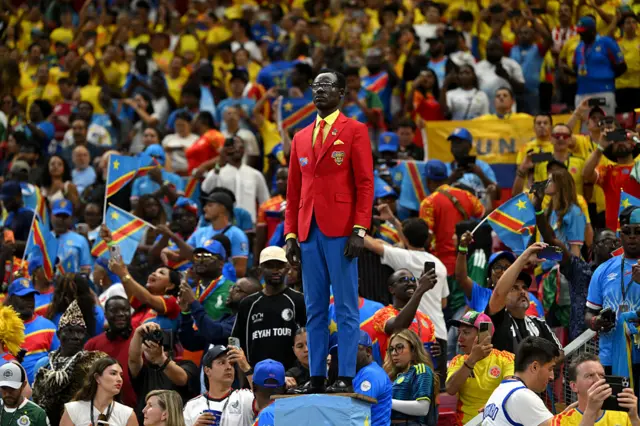 Congo DR fan Michel Nkuka Mboladinga, also known as Lumumba Vea, is seen before the FIFA World Cup 2026 Group K match between Colombia and Congo DR at Guadalajara Stadium.
