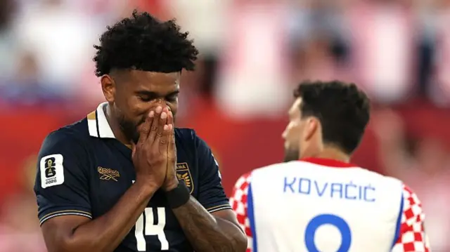 Carlos Harvey reacts after a missed chance during the FIFA World Cup 2026 Group L match between Panama and Croatia at Toronto Stadium.